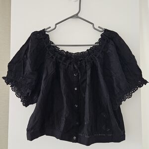 GAP Black Lace-Trim Button Front Blouse